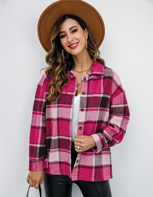 Load image into Gallery viewer, Shiny Plaid Button Up Collared Neck Jacket
