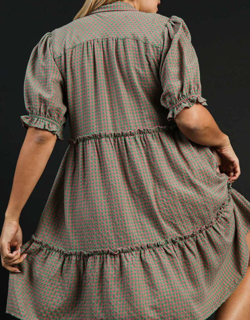 Load image into Gallery viewer, Umgee Full Size Plaid Frill Button Detail Ruffled Short Sleeve Dress Plus Size
