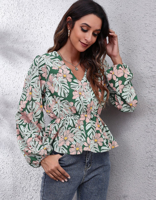 Load image into Gallery viewer, Floral V-Neck Balloon Sleeve Peplum Blouse
