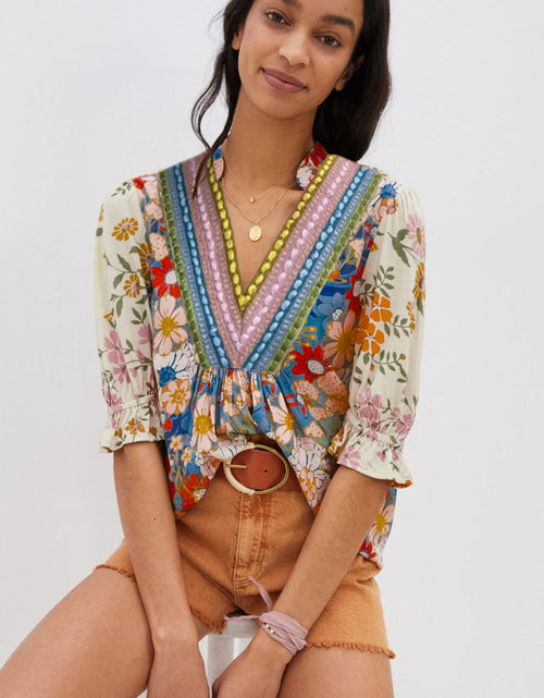 Load image into Gallery viewer, Multicolour V Neck Half Sleeve Boho Floral Blouse
