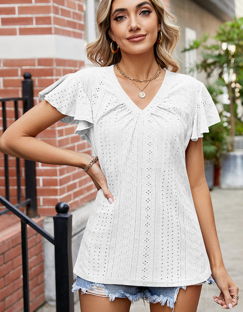 Load image into Gallery viewer, Eyelet V-Neck Flutter Sleeve T-Shirt
