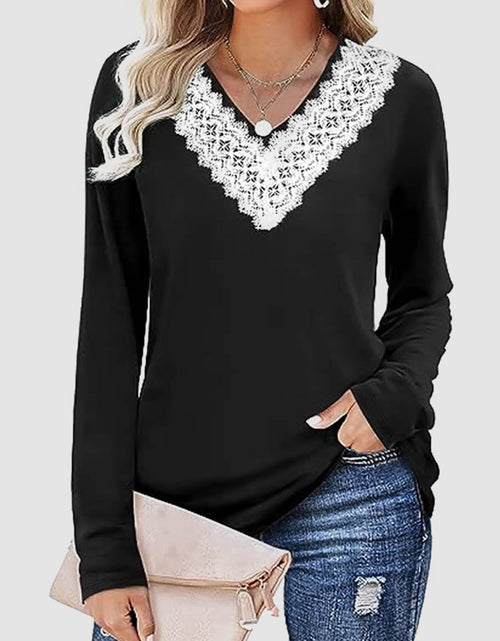 Load image into Gallery viewer, Lace Detail V-Neck Long Sleeve T-Shirt
