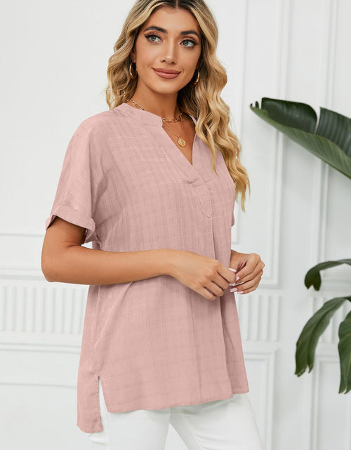 Load image into Gallery viewer, Side Slit Notched Neck Cuffed Short Sleeve Blouse
