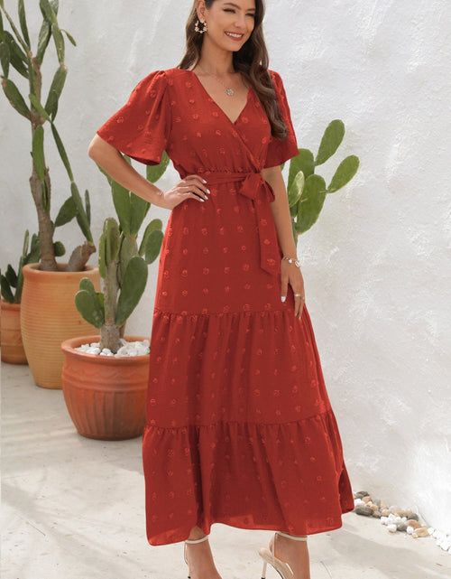 Load image into Gallery viewer, Swiss Dot Tied Surplice Short Sleeve Dress

