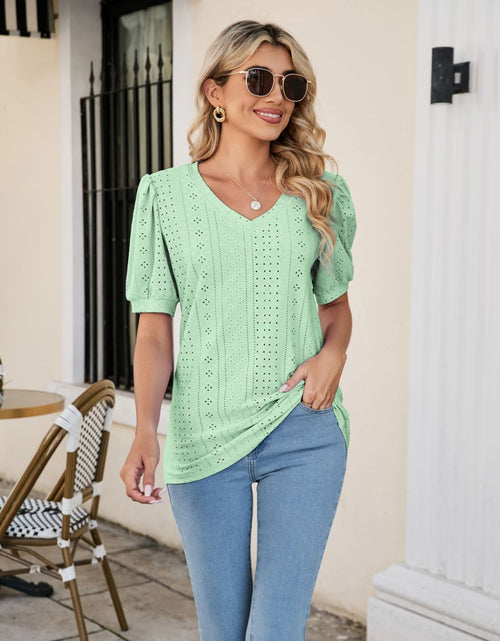 Load image into Gallery viewer, Eyelet Puff Sleeve V-Neck Top
