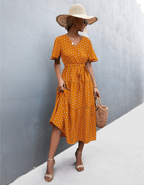 Load image into Gallery viewer, Printed V-Neck Flutter Sleeve Belted Dress
