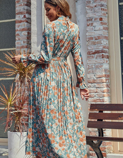 Load image into Gallery viewer, Perfee Tied Pleated Printed Mock Neck Long Sleeve Dress
