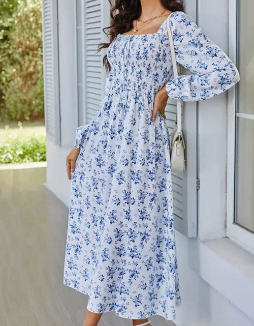 Load image into Gallery viewer, Slit Smocked Floral Square Neck Balloon Sleeve Midi Dress
