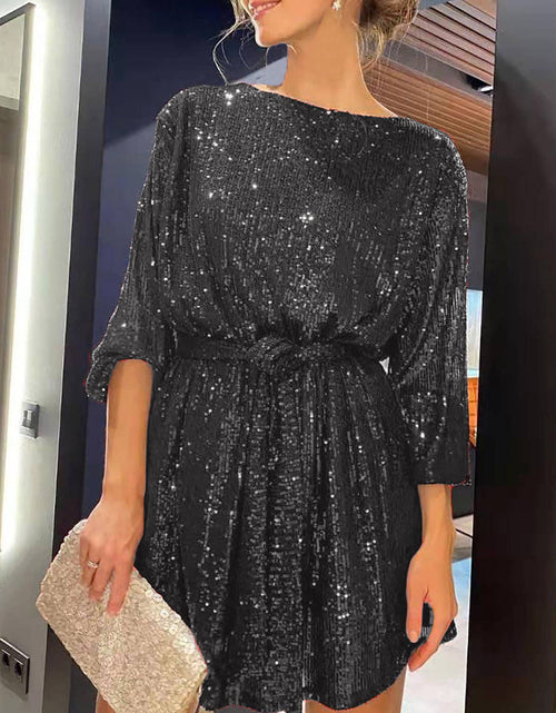 Load image into Gallery viewer, Sequin Tie Waist Long Sleeve Mini Dress
