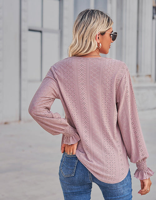Load image into Gallery viewer, V-Neck Eyelet Flounce Sleeve Blouse
