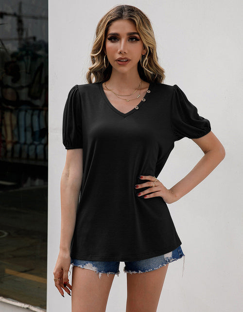 Load image into Gallery viewer, Ivy Lane V-Neck Decorative Buttons Puff Sleeve Tee

