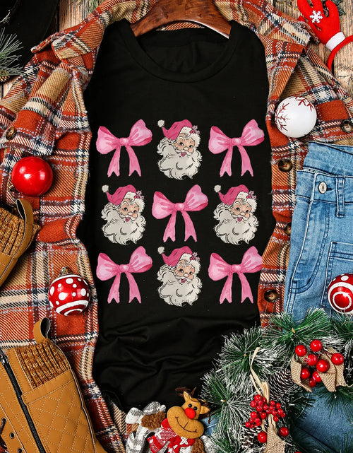 Load image into Gallery viewer, Santa &amp; Bow Graphic Round Neck Short Sleeve T-Shirt
