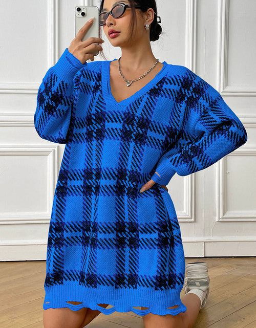 Load image into Gallery viewer, Plaid V-Neck Long Sleeve Sweater Dress
