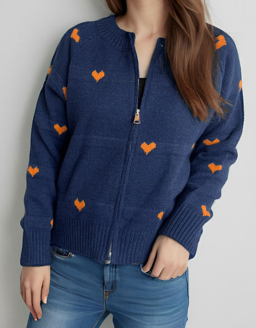 Load image into Gallery viewer, Heart Round Neck Zip Up Cardigan

