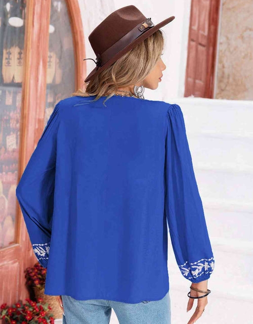Load image into Gallery viewer, Floral Tie Neck Balloon Sleeve Blouse
