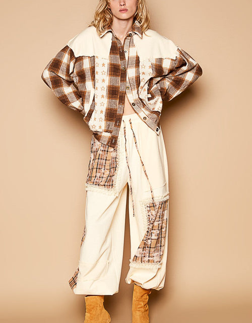 Load image into Gallery viewer, POL Plaid &amp; Star Patchwork Contrast Long Sleeve Shacket
