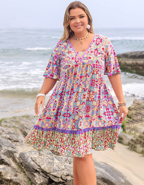 Load image into Gallery viewer, Plus Size Lace Detail Printed Half Sleeve Dress

