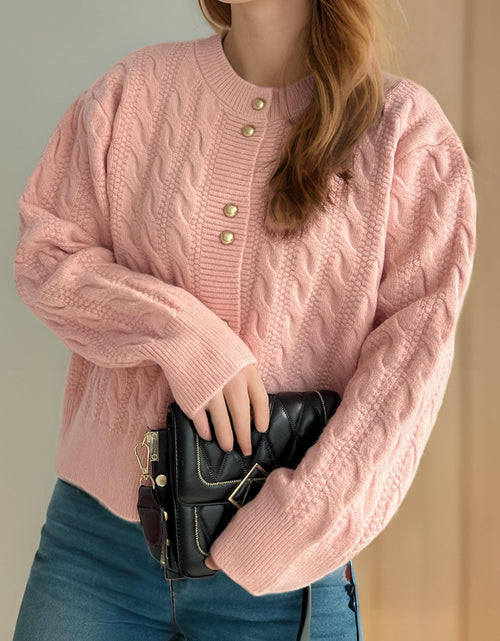 Load image into Gallery viewer, Cable-Knit Round Neck Long Sleeve Cardigan
