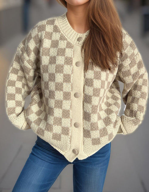 Load image into Gallery viewer, Checkered Button Up Round Neck Cardigan

