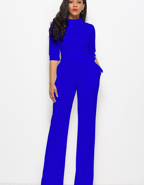 Load image into Gallery viewer, Mock Neck Tie-Waist Half Sleeve Jumpsuit
