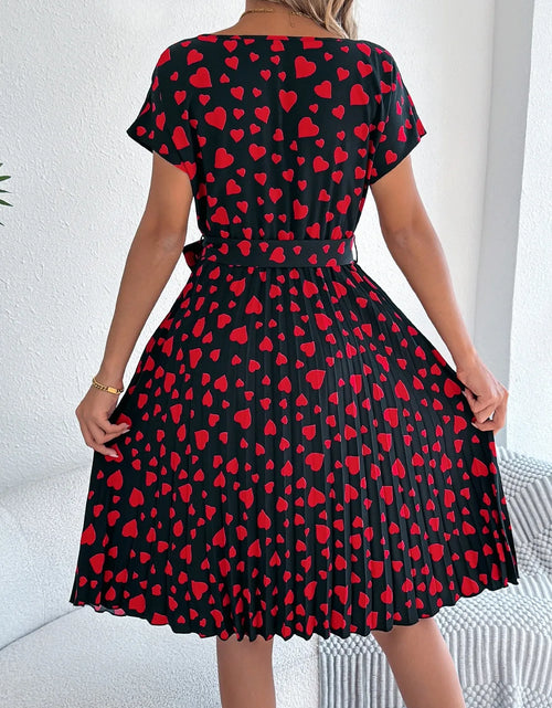 Load image into Gallery viewer, Heart Print Short Sleeve Tie Waist Dress
