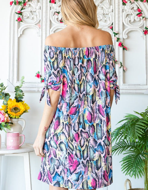 Load image into Gallery viewer, Heimish Full Size Off Shoulder Snake Mini Dress
