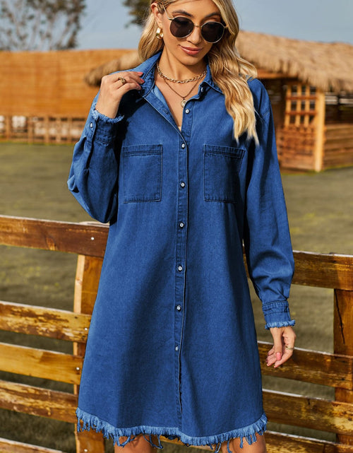 Load image into Gallery viewer, Button Up Collared Neck Raw Hem Denim Dress
