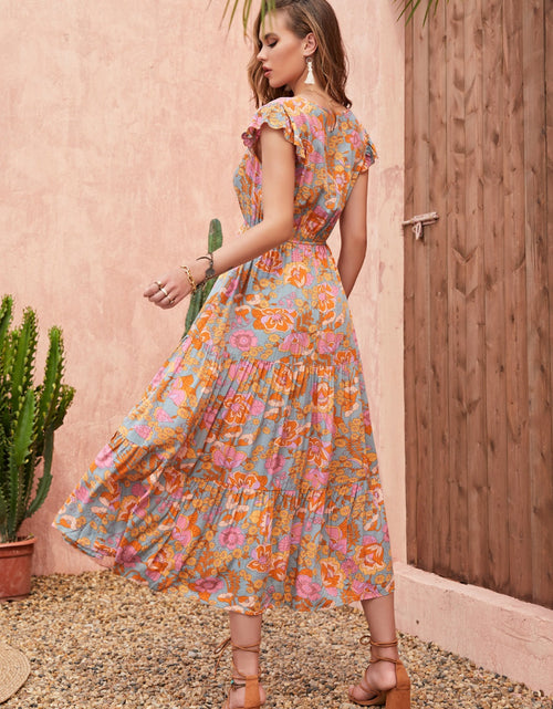 Load image into Gallery viewer, Ruffled Printed V-Neck Cap Sleeve Tiered Dress
