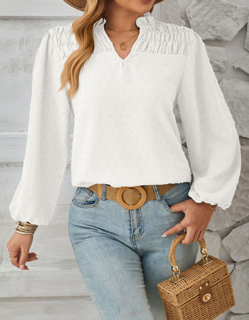 Load image into Gallery viewer, Ruched Swiss Dot Notched Balloon Sleeve T-Shirt
