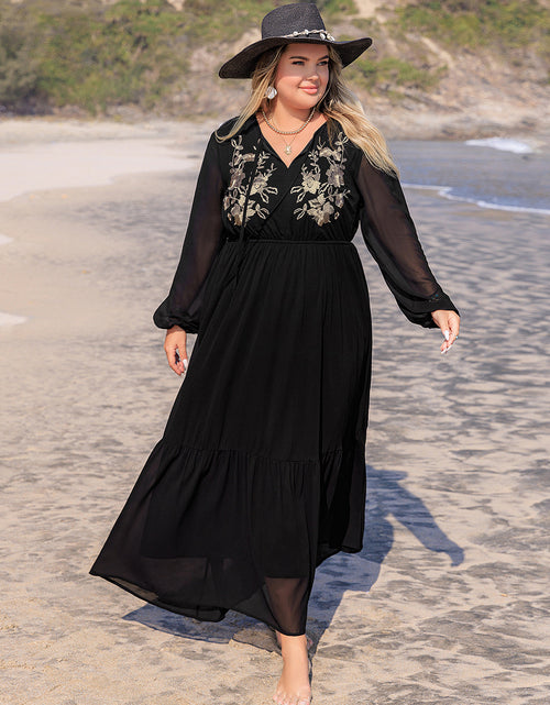 Load image into Gallery viewer, Plus Size Embroidered Tie Neck Long Sleeve Dress
