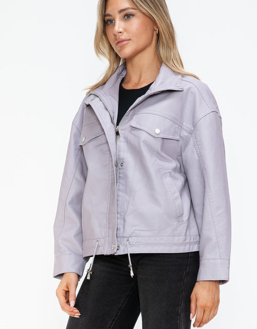 Load image into Gallery viewer, How Dare U Drawstring Hem PU Leather Zip Up Jacket
