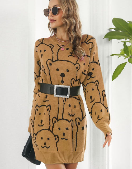 Load image into Gallery viewer, Bear Pattern Round Neck Sweater Dress
