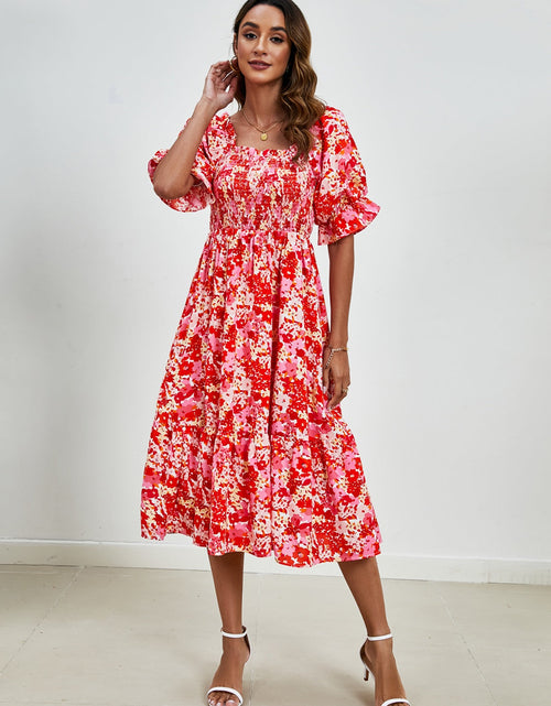 Load image into Gallery viewer, Smocked Floral Square Neck Short Sleeve Dress

