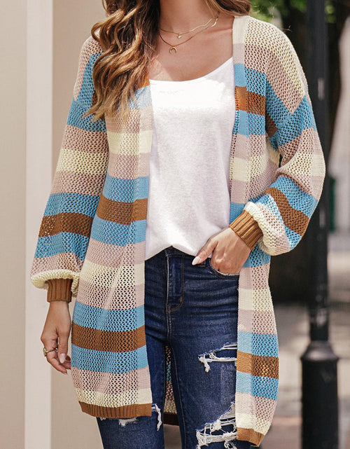 Load image into Gallery viewer, Full Size Striped Long Sleeve Openwork Cardigan
