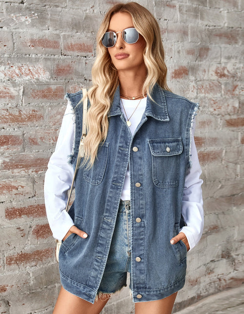 Load image into Gallery viewer, Raw Hem Sleeveless Button Up Denim Jacket
