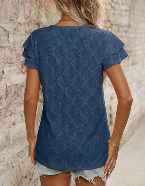 Load image into Gallery viewer, Eyelet Round Neck Double Layered Ruffled Short Sleeve Top
