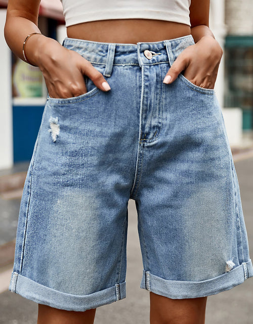 Load image into Gallery viewer, Distressed Buttoned Denim Shorts with Pockets
