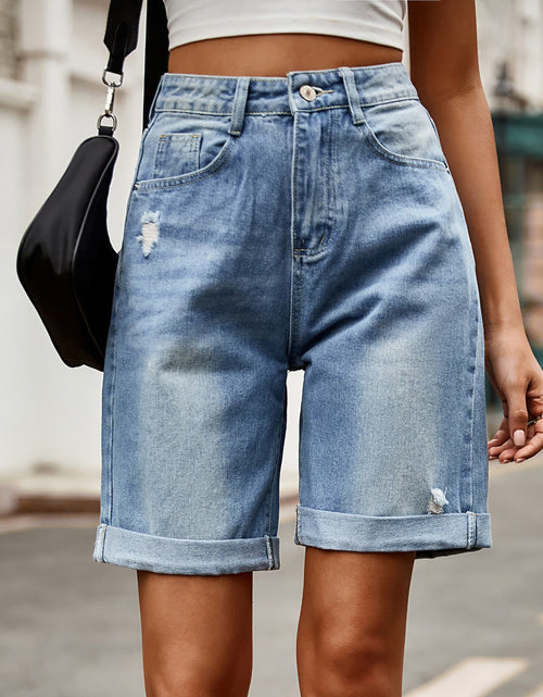 Load image into Gallery viewer, Distressed Buttoned Denim Shorts with Pockets
