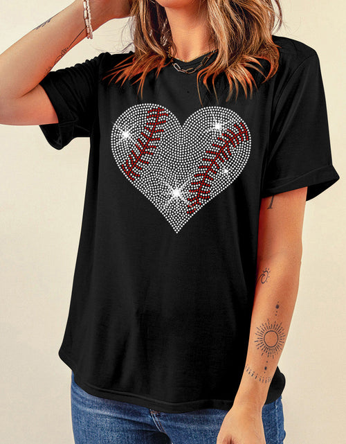 Load image into Gallery viewer, Rhinestone Heart Round Neck Short Sleeve T-Shirt
