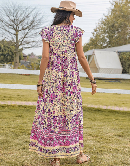 Load image into Gallery viewer, Ruffled Printed Tie Neck Cap Sleeve Dress
