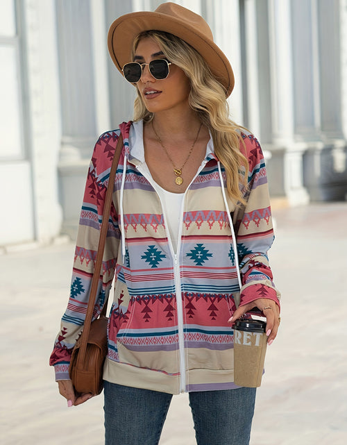 Load image into Gallery viewer, Geometric Zip Up Long Sleeve Hooded Jacket

