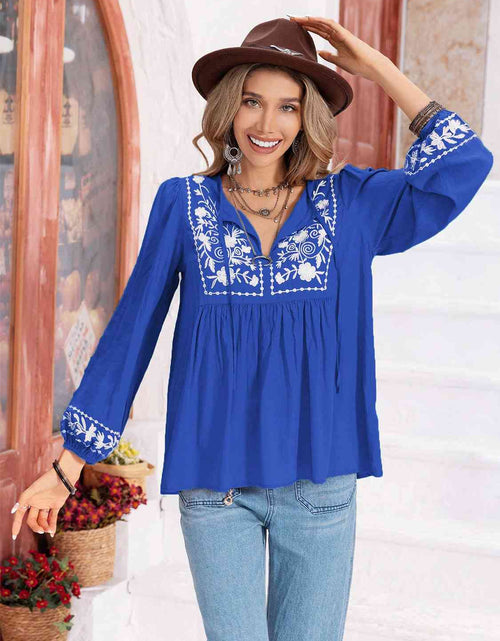 Load image into Gallery viewer, Floral Tie Neck Balloon Sleeve Blouse
