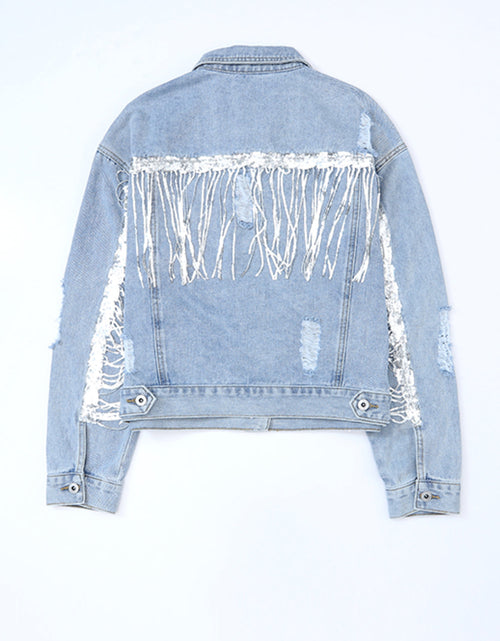 Load image into Gallery viewer, Sequin Fringe Trim Distressed Button Up Denim Jacket

