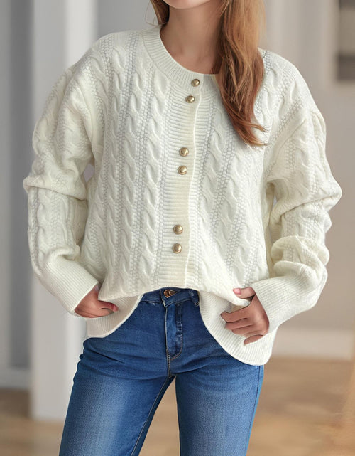 Load image into Gallery viewer, Cable-Knit Round Neck Long Sleeve Cardigan
