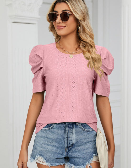 Load image into Gallery viewer, Eyelet Puff Sleeve Round Neck Blouse
