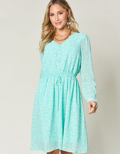 Load image into Gallery viewer, Double Take Full Size Printed Ruched V-Neck Long Sleeve Dress

