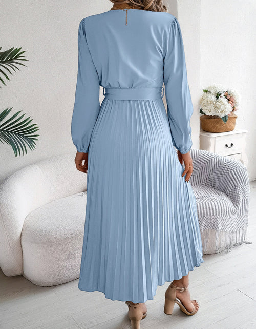 Load image into Gallery viewer, Pleated Tied V-Neck Long Sleeve Dress
