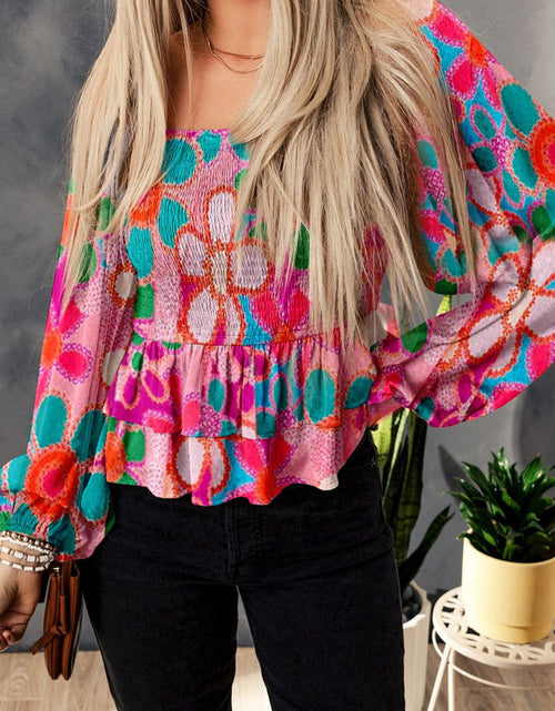 Load image into Gallery viewer, Floral Smocked Ruffled Balloon Sleeve Blouse

