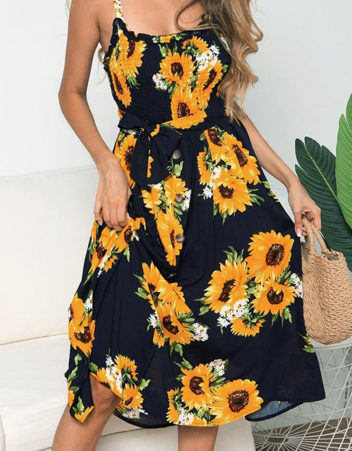 Load image into Gallery viewer, Smocked Sunflower Printed Sleeveless Cami Dress
