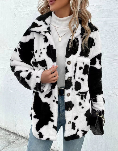 Load image into Gallery viewer, Cow Print Collared Neck Button Up Fuzzy Jacket
